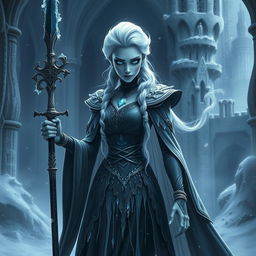 A haunting depiction of Elsa from "Frozen," reimagined as an undead lich queen in a DND realm