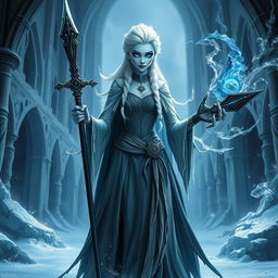 A haunting depiction of Elsa from "Frozen," reimagined as an undead lich queen in a DND realm