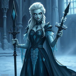 A haunting depiction of Elsa from "Frozen," reimagined as an undead lich queen in a DND realm