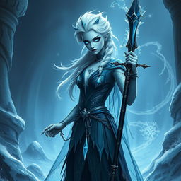 A haunting depiction of Elsa from "Frozen," reimagined as an undead lich queen in a DND realm