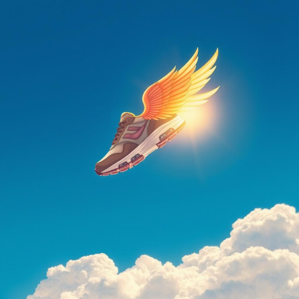 A vibrant and imaginative illustration of a shoe with wings, elegantly soaring through a clear blue sky