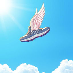 A vibrant and imaginative illustration of a shoe with wings, elegantly soaring through a clear blue sky