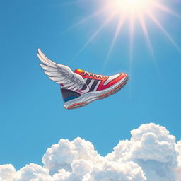 A vibrant and imaginative illustration of a shoe with wings, elegantly soaring through a clear blue sky