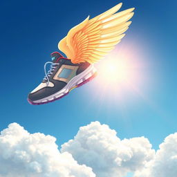 A vibrant and imaginative illustration of a shoe with wings, elegantly soaring through a clear blue sky