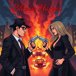 Semi-cartoon-style book cover featuring a man and a woman in sharp mafia black outfits, with each pointing guns at the other