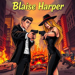 Semi-cartoon-style book cover featuring a man and a woman in sharp mafia black outfits, with each pointing guns at the other