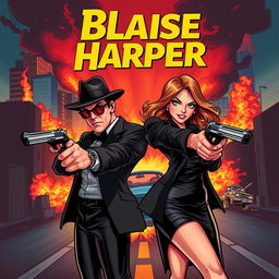 Semi-cartoon-style book cover featuring a man and a woman in sharp mafia black outfits, with each pointing guns at the other