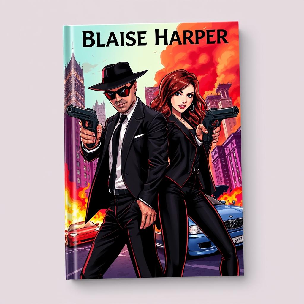 Semi-cartoon-style book cover featuring a man and a woman in sharp mafia black outfits, with each pointing guns at the other