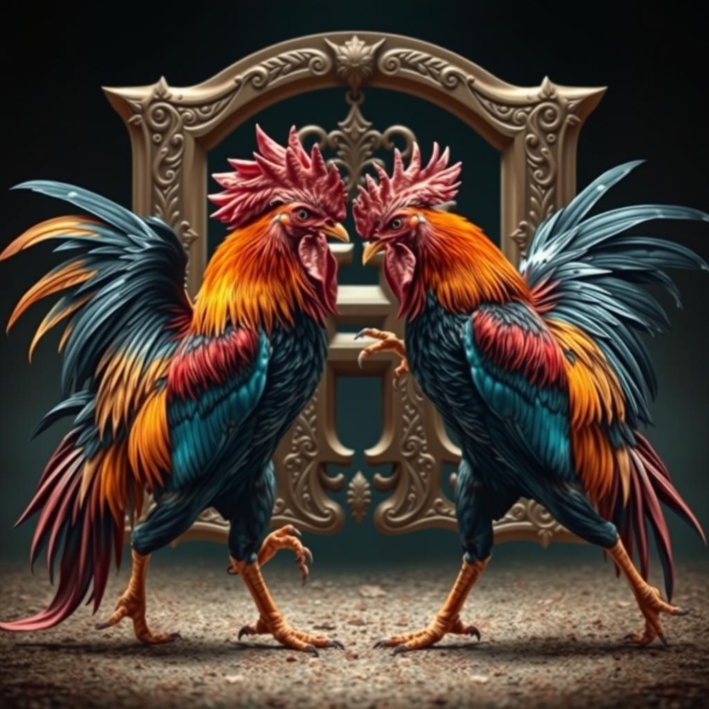 Two vibrant and majestic roosters engaged in an intense combat scene, with their feathers flaring and beaks clashing in a dynamic and animated manner