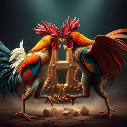 Two vibrant and majestic roosters engaged in an intense combat scene, with their feathers flaring and beaks clashing in a dynamic and animated manner