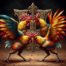 Two vibrant and majestic roosters engaged in an intense combat scene, with their feathers flaring and beaks clashing in a dynamic and animated manner