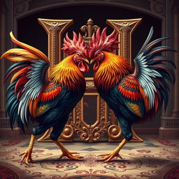 Two vibrant and majestic roosters engaged in an intense combat scene, with their feathers flaring and beaks clashing in a dynamic and animated manner