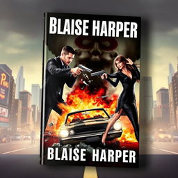 Action-packed book cover depicting a man and a woman in sleek mafia black outfits, each fiercely pointing guns at one another