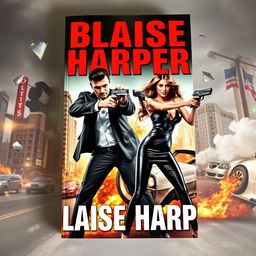 Action-packed book cover depicting a man and a woman in sleek mafia black outfits, each fiercely pointing guns at one another