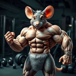 A highly muscular mouse with defined muscles and a strong physique, posed in a confident and strong stance