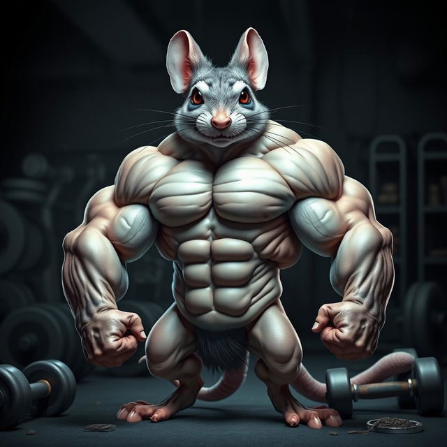 A highly muscular mouse with defined muscles and a strong physique, posed in a confident and strong stance