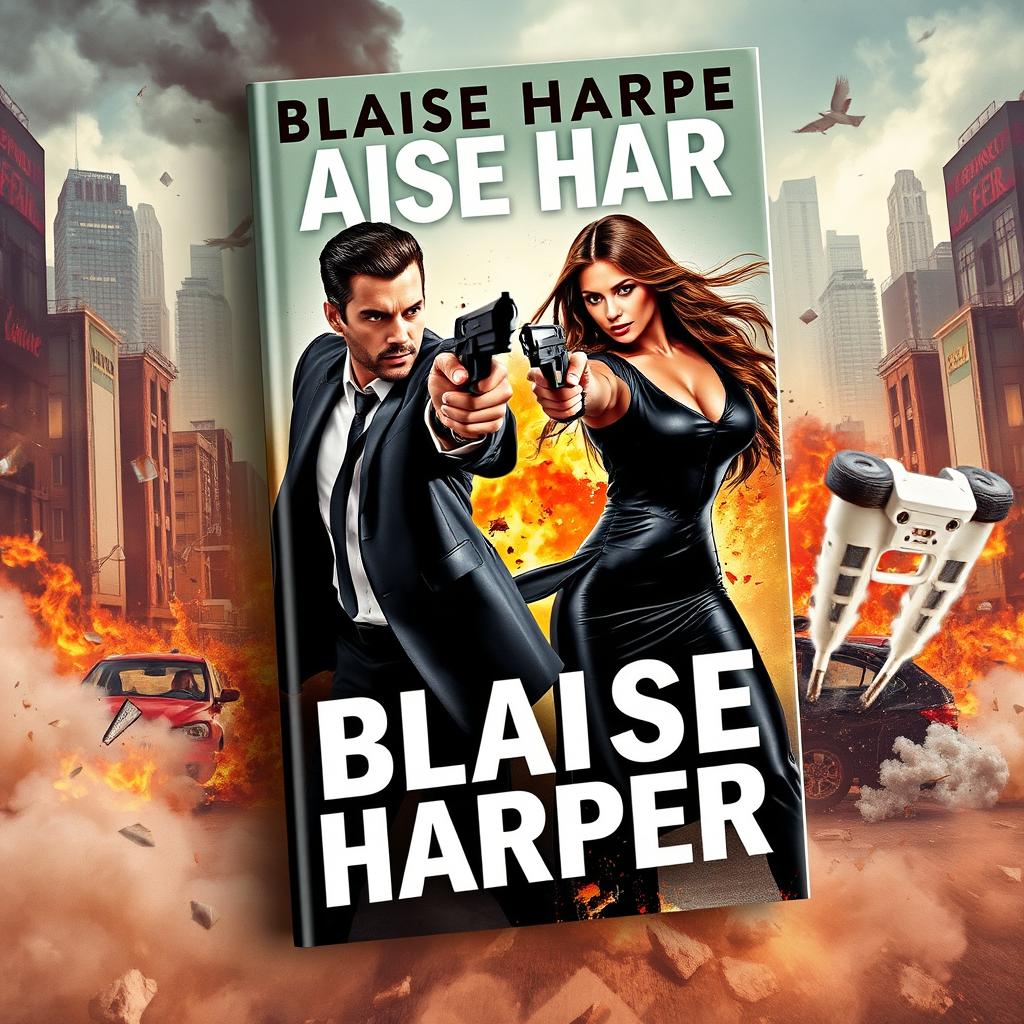 Action-packed book cover depicting a man and a woman in sleek mafia black outfits, each fiercely pointing guns at one another