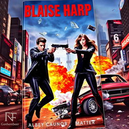 Action-packed book cover depicting a man and a woman in sleek mafia black outfits, each fiercely pointing guns at one another