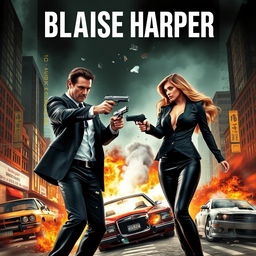 Action-packed book cover depicting a man and a woman in sleek mafia black outfits, each fiercely pointing guns at one another