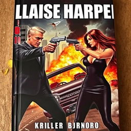 Action-packed book cover depicting a man and a woman in sleek mafia black outfits, each fiercely pointing guns at one another