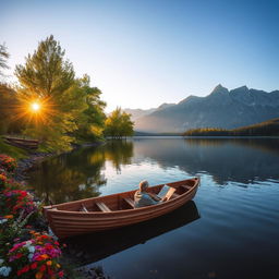 A serene nature scene featuring a calm lake surrounded by lush green trees with colorful flowers scattered along the shore