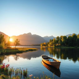 A serene nature scene featuring a calm lake surrounded by lush green trees with colorful flowers scattered along the shore