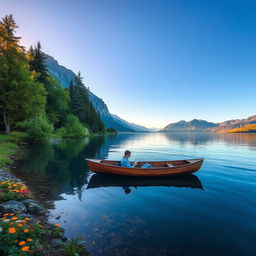 A serene nature scene featuring a calm lake surrounded by lush green trees with colorful flowers scattered along the shore