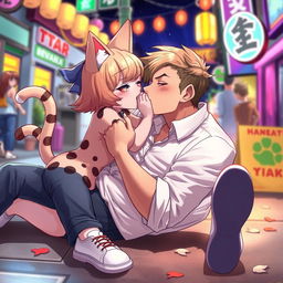 A neko cat girl, with feline ears and a tail, playfully pins a man to the ground, engaging in a tender kiss on the lips