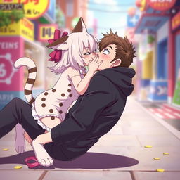 A neko cat girl, with feline ears and a tail, playfully pins a man to the ground, engaging in a tender kiss on the lips