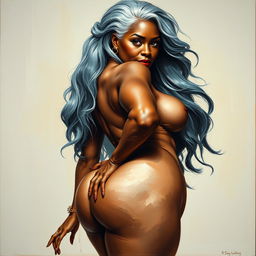 A polished, oil-based painting featuring a full-body view of a gorgeous older black woman with long grey hair, beautiful breasts, and a big booty, doing a sensual pose