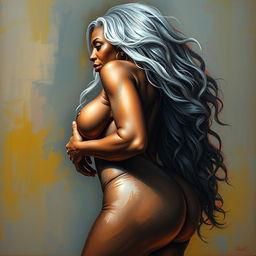 A polished, oil-based painting featuring a full-body view of a gorgeous older black woman with long grey hair, beautiful breasts, and a big booty, doing a sensual pose