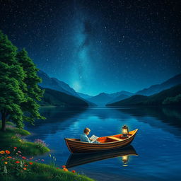 A serene nature scene under a starlit sky, featuring a calm lake surrounded by lush green trees with colorful flowers scattered along the shore