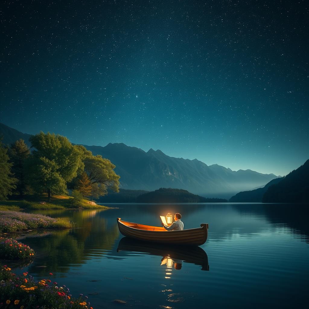 A serene nature scene under a starlit sky, featuring a calm lake surrounded by lush green trees with colorful flowers scattered along the shore