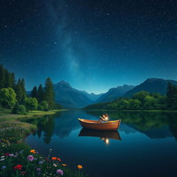 A serene nature scene under a starlit sky, featuring a calm lake surrounded by lush green trees with colorful flowers scattered along the shore