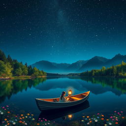 A serene nature scene under a starlit sky, featuring a calm lake surrounded by lush green trees with colorful flowers scattered along the shore