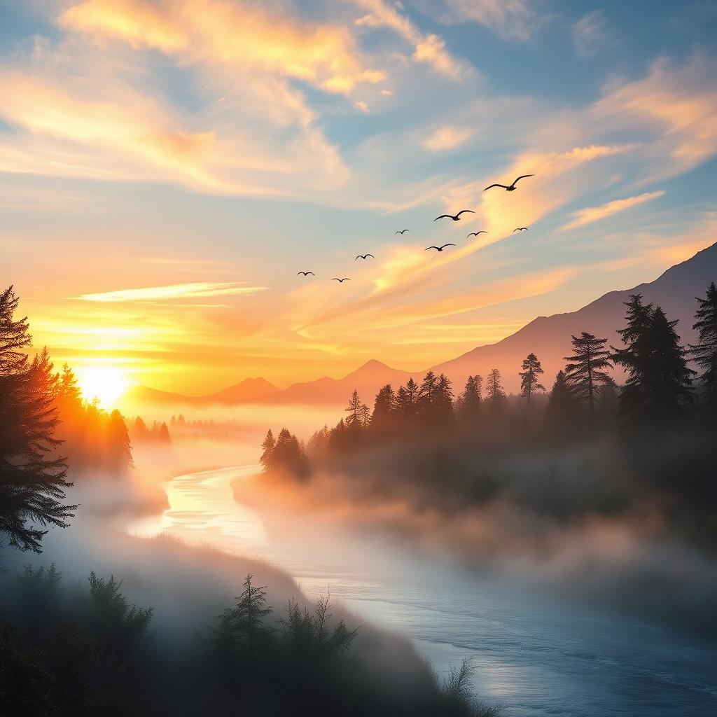 A dreamlike landscape at sunrise, with mist enveloping the trees