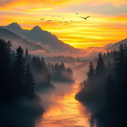 A dreamlike landscape at sunrise, with mist enveloping the trees