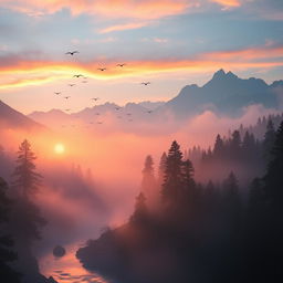 A dreamlike landscape at sunrise, with mist enveloping the trees