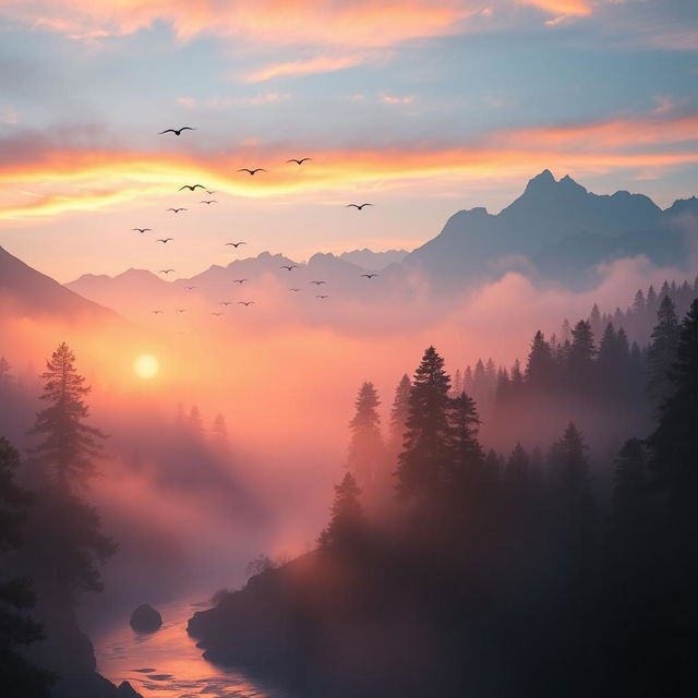 A dreamlike landscape at sunrise, with mist enveloping the trees