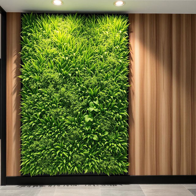 A vertical garden with lush green grass panels mounted on a wall, combined with elegant wood-colored PVC panels, creating a harmonious blend of nature and modern design