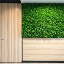 A vertical garden with lush green grass panels mounted on a wall, combined with elegant wood-colored PVC panels, creating a harmonious blend of nature and modern design