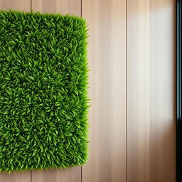 A vertical garden with lush green grass panels mounted on a wall, combined with elegant wood-colored PVC panels, creating a harmonious blend of nature and modern design