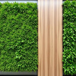 A vertical garden with lush green grass panels mounted on a wall, combined with elegant wood-colored PVC panels, creating a harmonious blend of nature and modern design