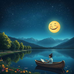 A serene night scene under a starlit sky, featuring a whimsical moon with a laughing face, casting a benevolent glow over a calm lake surrounded by lush green trees with colorful flowers along the shore