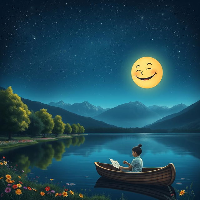 A serene night scene under a starlit sky, featuring a whimsical moon with a laughing face, casting a benevolent glow over a calm lake surrounded by lush green trees with colorful flowers along the shore