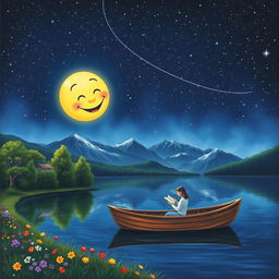 A serene night scene under a starlit sky, featuring a whimsical moon with a laughing face, casting a benevolent glow over a calm lake surrounded by lush green trees with colorful flowers along the shore