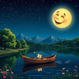 A serene night scene under a starlit sky, featuring a whimsical moon with a laughing face, casting a benevolent glow over a calm lake surrounded by lush green trees with colorful flowers along the shore