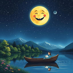 A serene night scene under a starlit sky, featuring a whimsical moon with a laughing face, casting a benevolent glow over a calm lake surrounded by lush green trees with colorful flowers along the shore