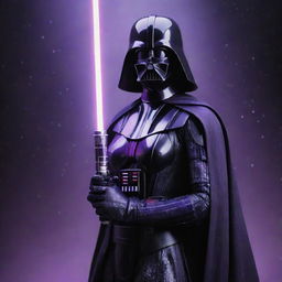 A powerful, armored female variation of Darth Vader, drenched in deep purple tones, wields a lightsaber illuminated by a purple kyber crystal against a background reflecting an intense, galactic theme.