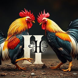 Two powerful and regal roosters captured in mid-fight, their vibrant feathers and intense expressions highlighting their competitive nature